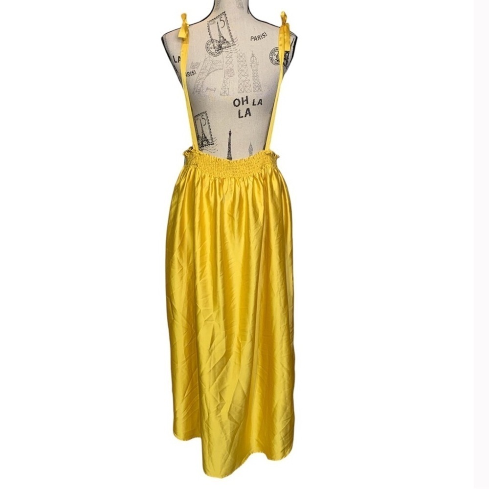 Yellow Sleeveless Dress overall yellow satin suspenders  shoulder straps
